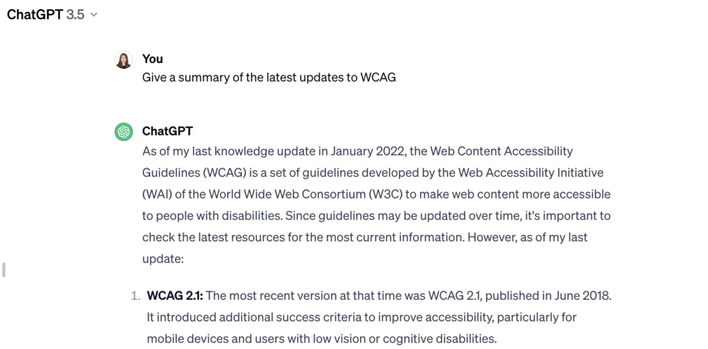 ChatGPT query, 'give a summary of the latest updates to WCAG' an example of desktop research.
